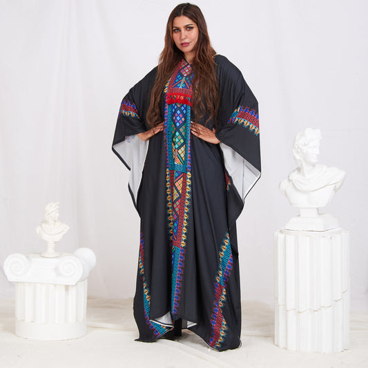 Wide Sleeve Printed Cotton Kaftan - Black