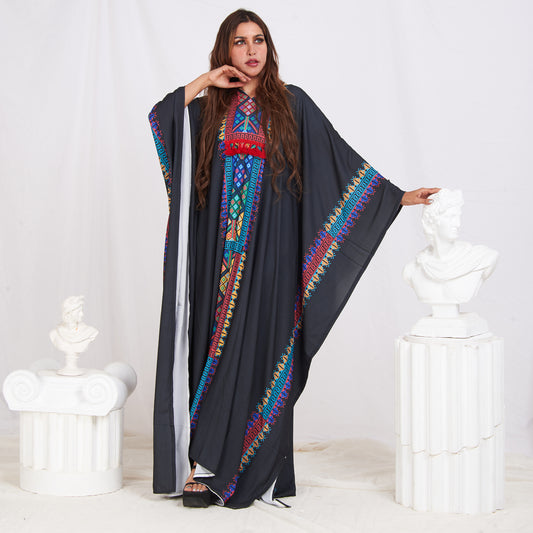 Wide Sleeve Printed Cotton Kaftan - Black