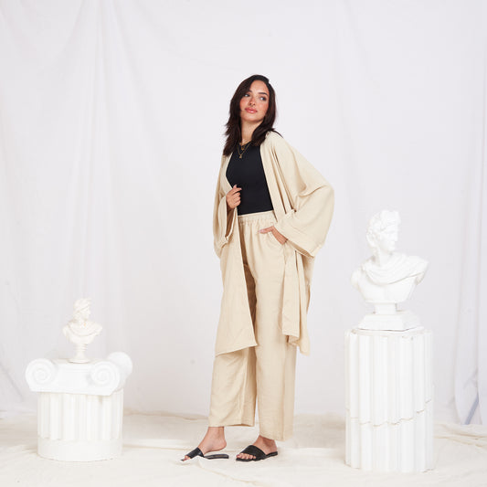 Long Sleeve Linen Set - Beige