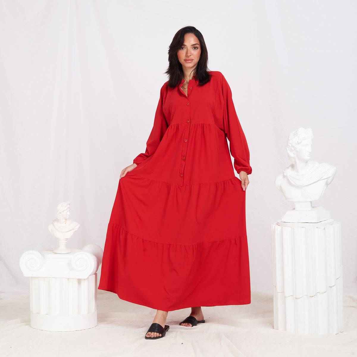 Long Sleeve Maxi Linen Dress - Red