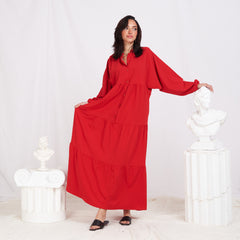 Long Sleeve Maxi Linen Dress - Red