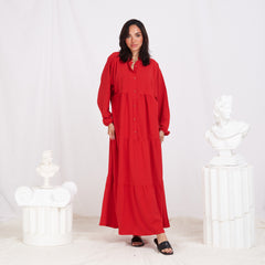 Long Sleeve Maxi Linen Dress - Red