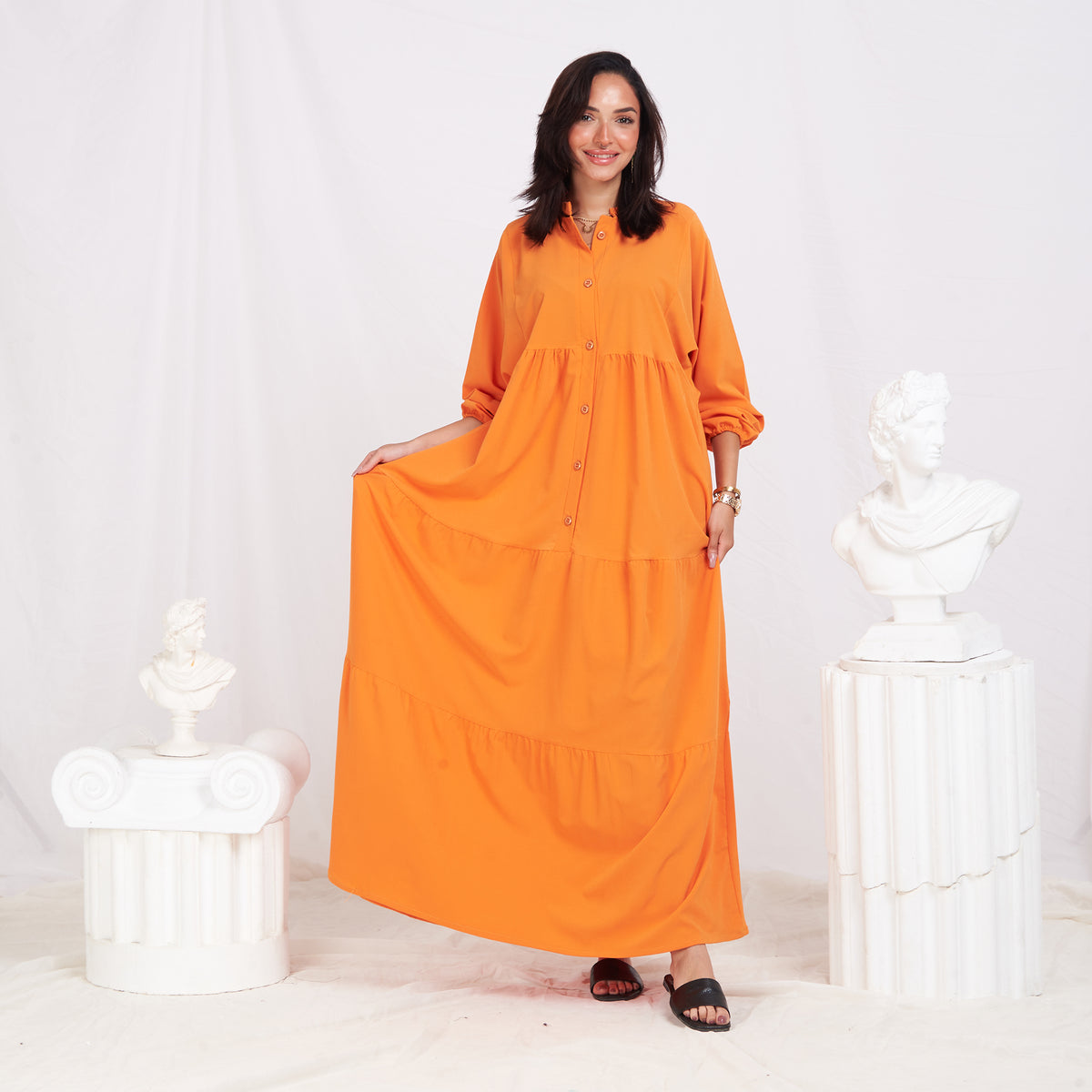 Long Sleeve Maxi Linen Dress - Orange