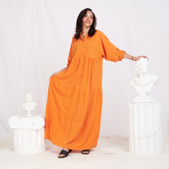 Long Sleeve Maxi Linen Dress - Orange