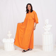 Long Sleeve Maxi Linen Dress - Orange