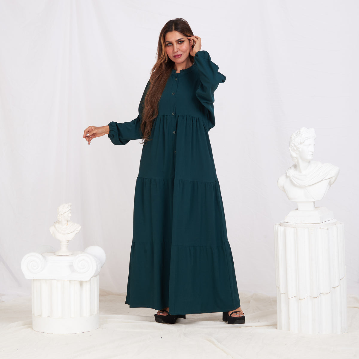 Long Sleeve Maxi Linen Dress - Teal Blue