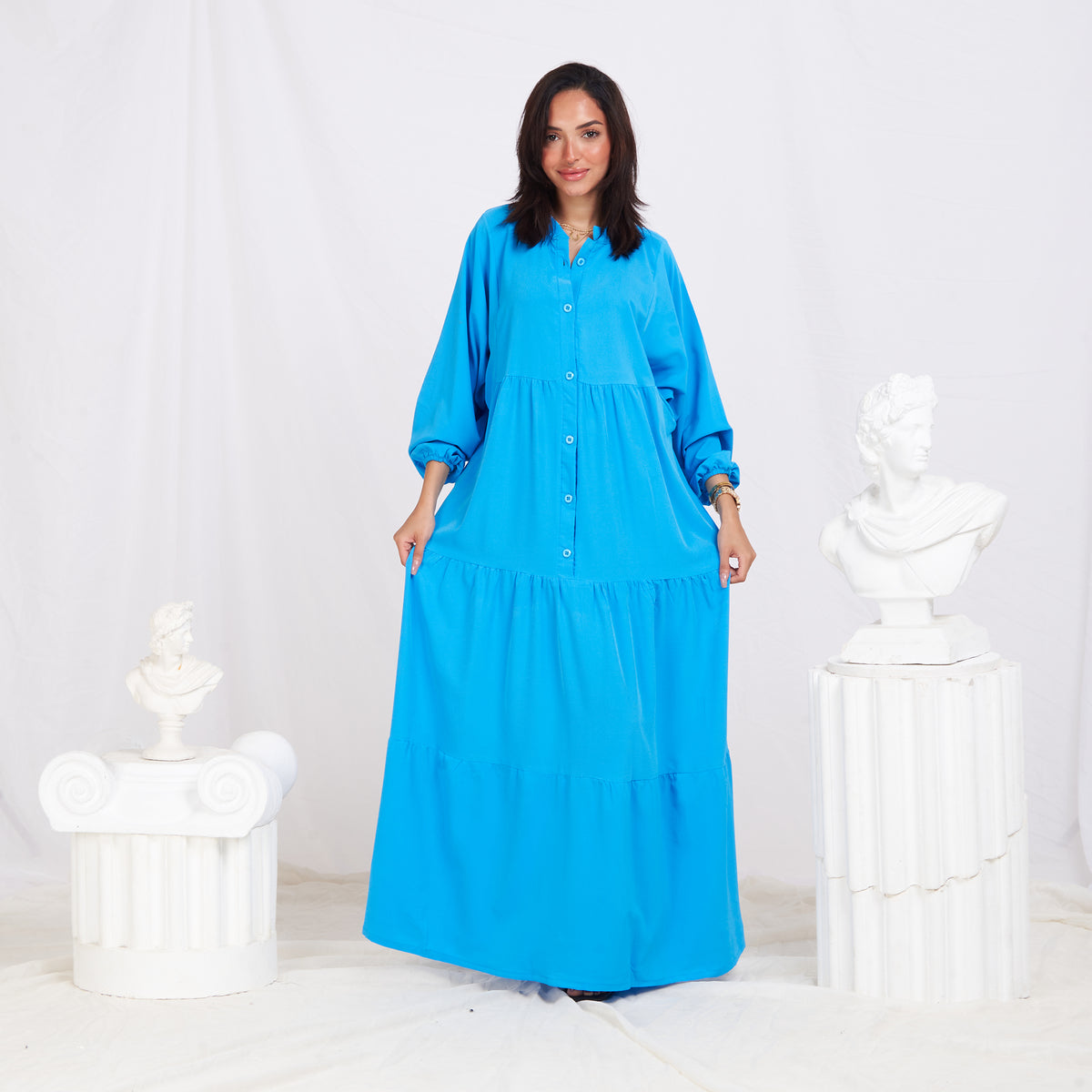 Long Sleeve Maxi Linen Dress - Turquoise