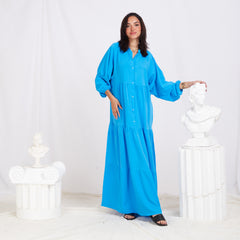 Long Sleeve Maxi Linen Dress - Turquoise