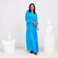 Long Sleeve Maxi Linen Dress - Turquoise