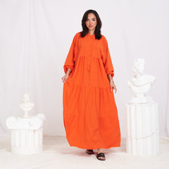 Long Sleeve Maxi Linen Dress - Neon Orange