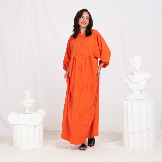 Long Sleeve Maxi Linen Dress - Neon Orange