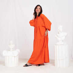 Long Sleeve Maxi Linen Dress - Neon Orange