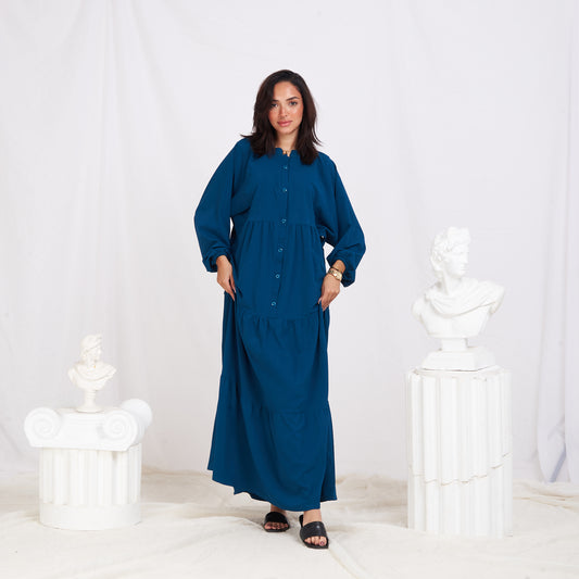 Long Sleeve Maxi Linen Dress - Navy Blue