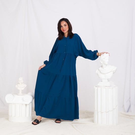 Long Sleeve Maxi Linen Dress - Navy Blue