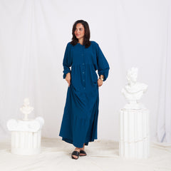 Long Sleeve Maxi Linen Dress - Navy Blue