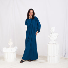 Long Sleeve Maxi Linen Dress - Navy Blue