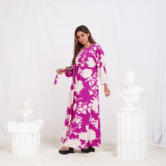 Long Sleeve Folded Linen Floral Dress - Pink