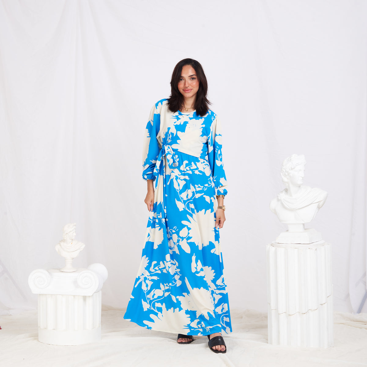 Long Sleeve Folded Linen Floral Dress - Blue