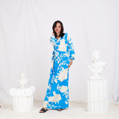 Long Sleeve Folded Linen Floral Dress - Blue