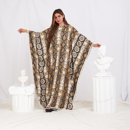 Wide Sleeve Printed Cotton Kaftan - Snake print