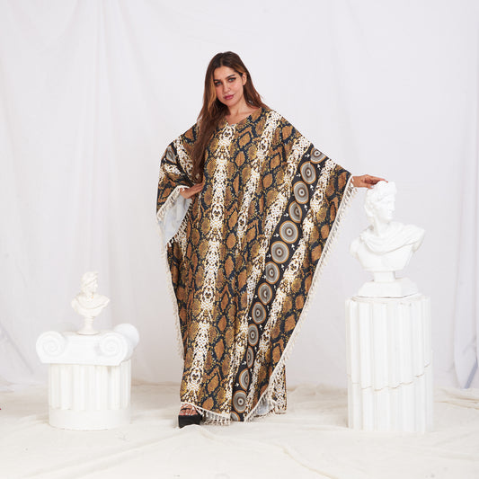 Wide Sleeve Printed Cotton Kaftan - Snake print