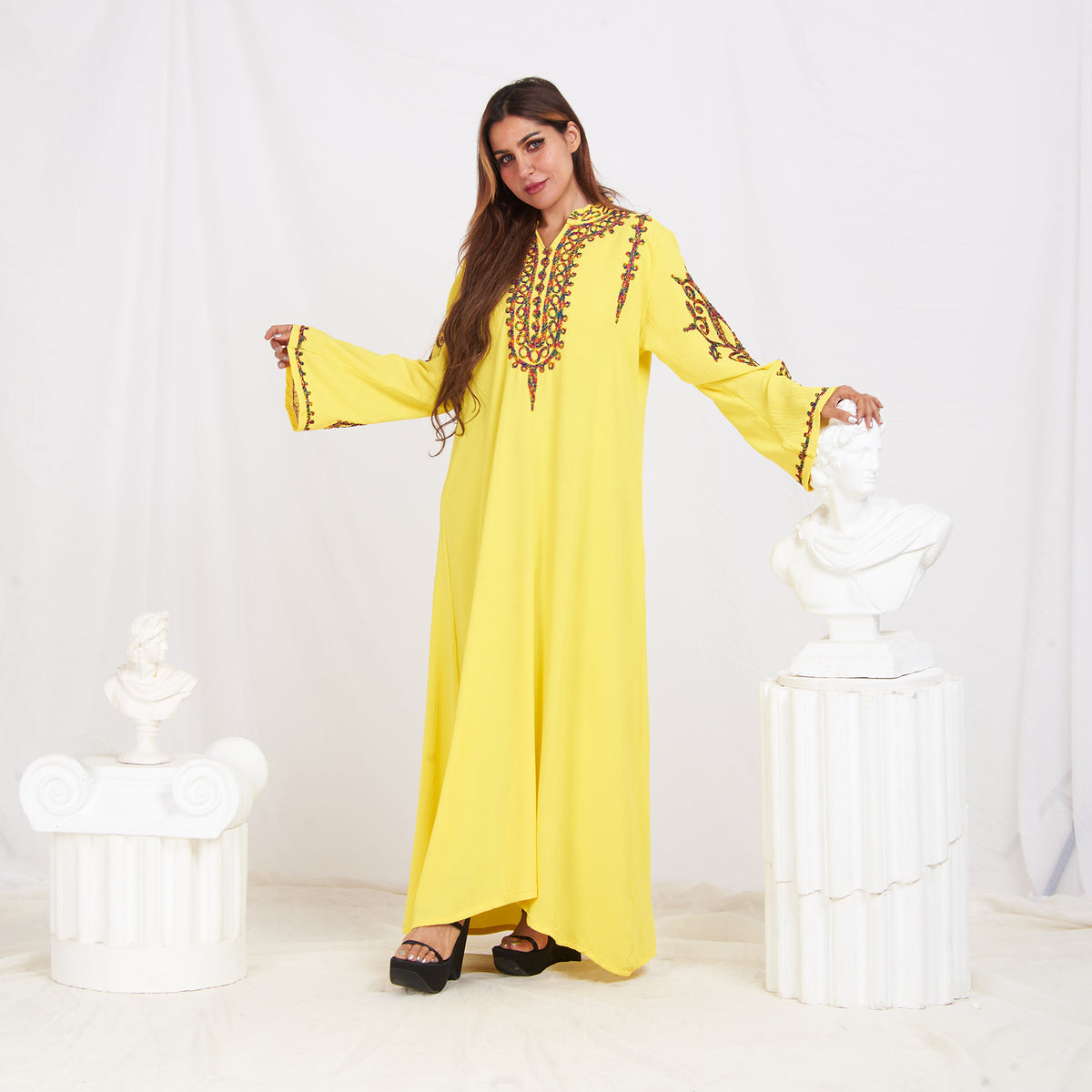 Long Sleeve Embroidery Abaya - Yellow