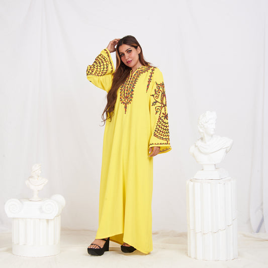 Long Sleeve Embroidery Abaya - Yellow