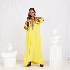 Long Sleeve Embroidery Abaya - Yellow