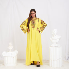 Long Sleeve Embroidery Abaya - Yellow