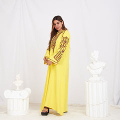 Long Sleeve Embroidery Abaya - Yellow