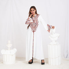 Long Sleeve Embroidery Abaya - White