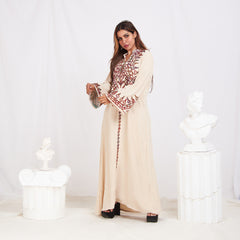 Long Sleeve Embroidery Abaya - Beige