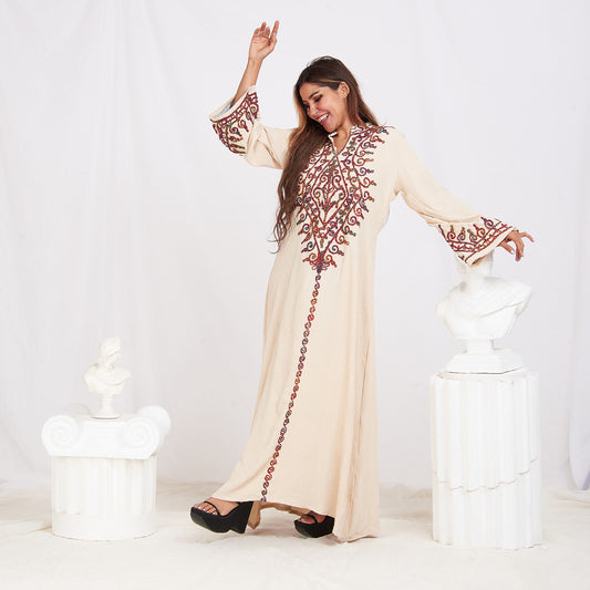 Long Sleeve Embroidery Abaya - Beige