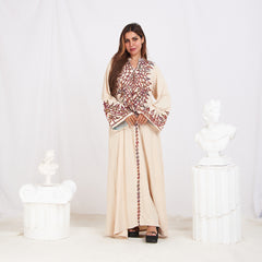 Long Sleeve Embroidery Abaya - Beige