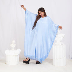 Wide Sleeve Printed Satin Kaftan - Baby Blue