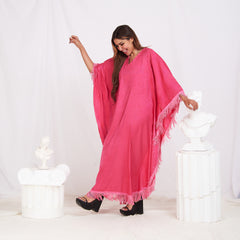 Wide Sleeve Printed Satin Kaftan - Pink