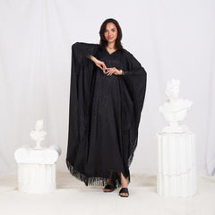 Wide Sleeve Printed Satin Kaftan - Black