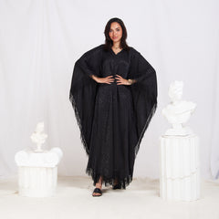 Wide Sleeve Printed Satin Kaftan - Black