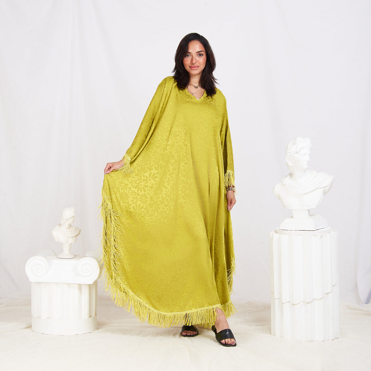 Wide Sleeve Printed Satin Kaftan - Pear Green