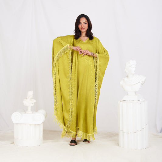 Wide Sleeve Printed Satin Kaftan - Pear Green