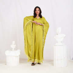 Wide Sleeve Printed Satin Kaftan - Pear Green