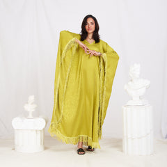 Wide Sleeve Printed Satin Kaftan - Pear Green