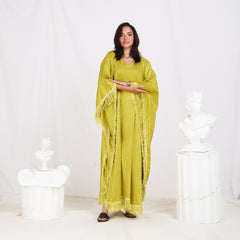 Wide Sleeve Printed Satin Kaftan - Pear Green