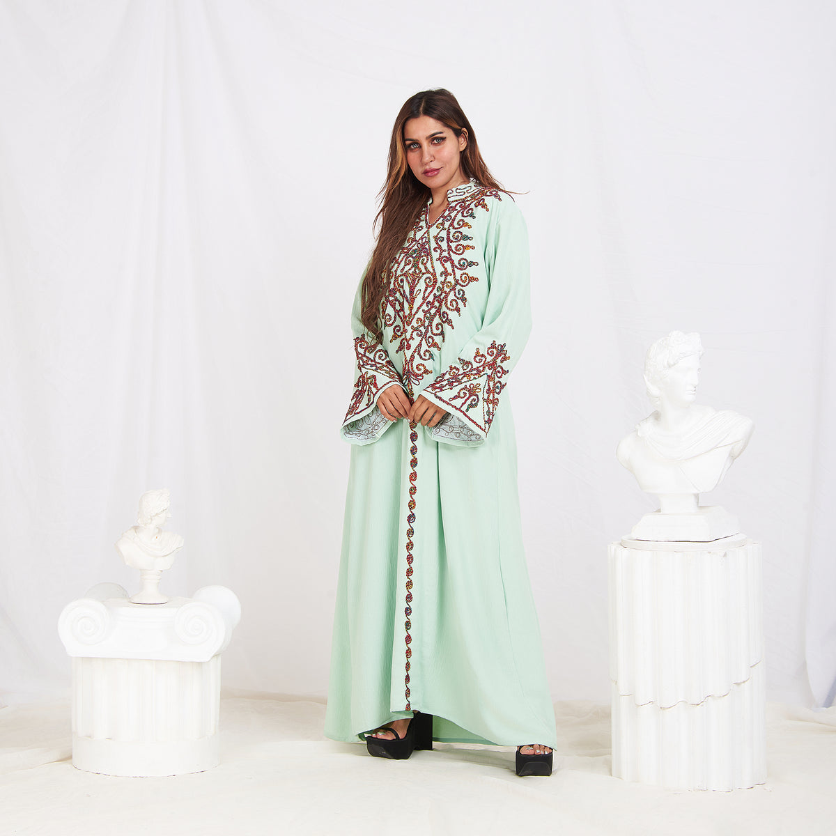 Long Sleeve Embroidery Abaya - Mint Green