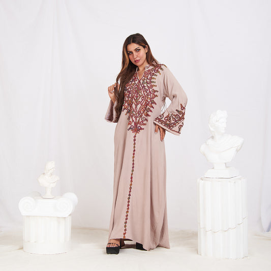 Long Sleeve Embroidery Abaya - Cafe