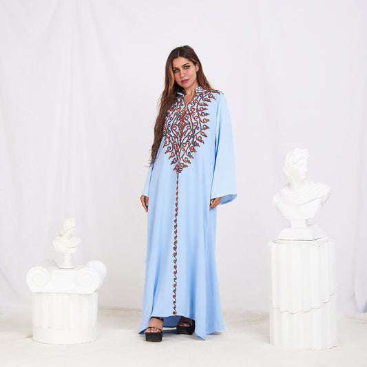 Long Sleeve Embroidery Abaya - Baby Blue