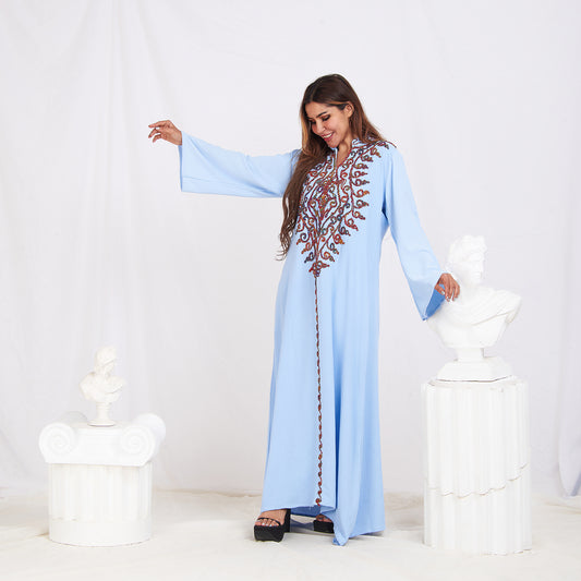 Long Sleeve Embroidery Abaya - Baby Blue