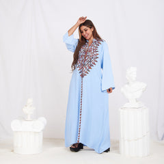 Long Sleeve Embroidery Abaya - Baby Blue