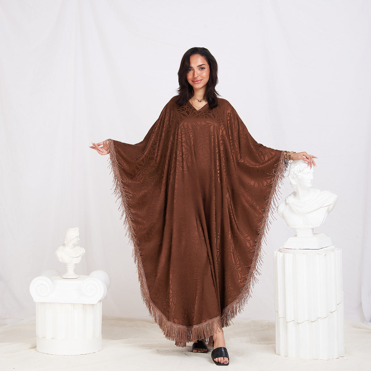 Wide Sleeve Printed Satin Kaftan - Chocolate Brown