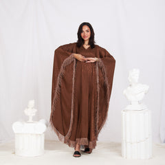 Wide Sleeve Printed Satin Kaftan - Chocolate Brown